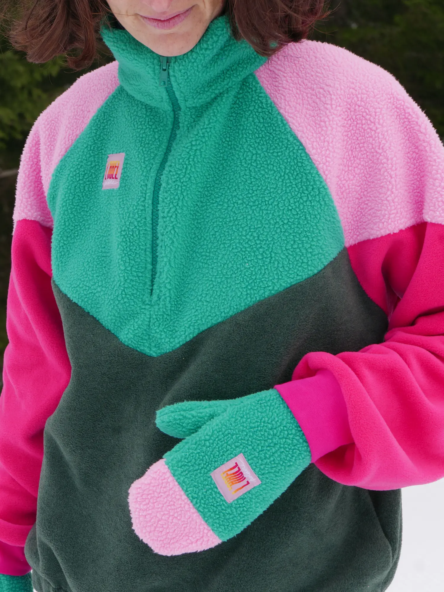 Moufles Sherpa Recyclé Verte et Rose – Image 2